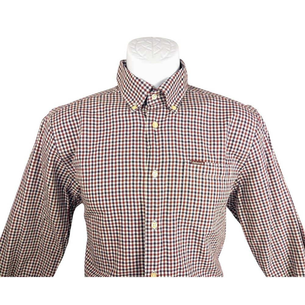 Barbour Mens Tailored Fit Gingham Button Down‎ Shirt Small S Navy Burgundy White